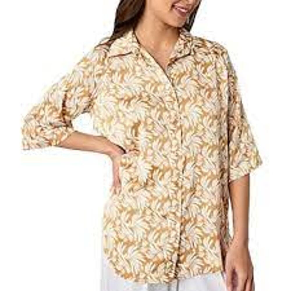 NWT Worthington Brown White Floral 3/4 Sleeve Button Down Shirt Women's Size XS